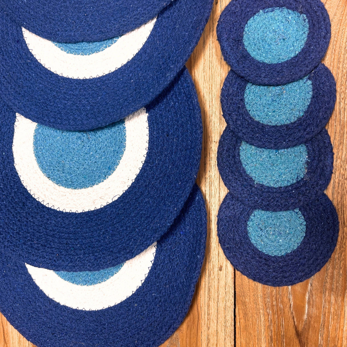 Evil Eye Jute Rope Placemats & Coasters Set - Rustic Blue & White Design (4 Each) - SHAMTAM.COM