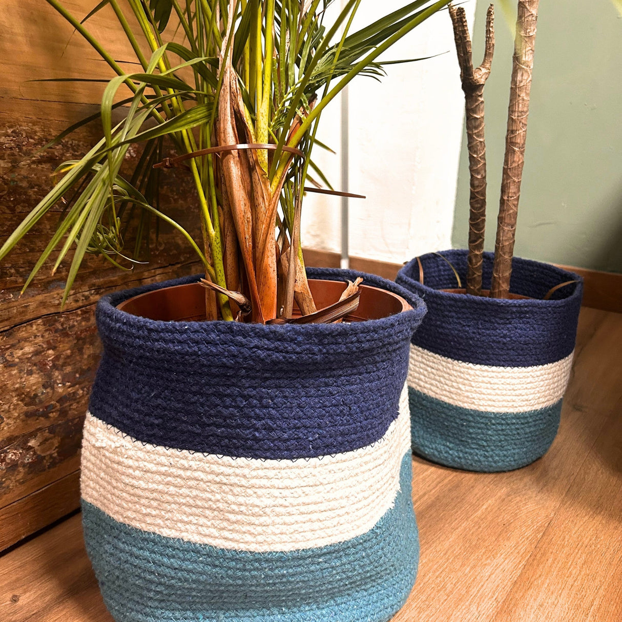 Set of 3 Evil Eye Jute Rope Storage Baskets - Durable, Decorative, and Eco - Friendly Organizers with Blue, White, and Teal Striped Design - SHAMTAM.COM