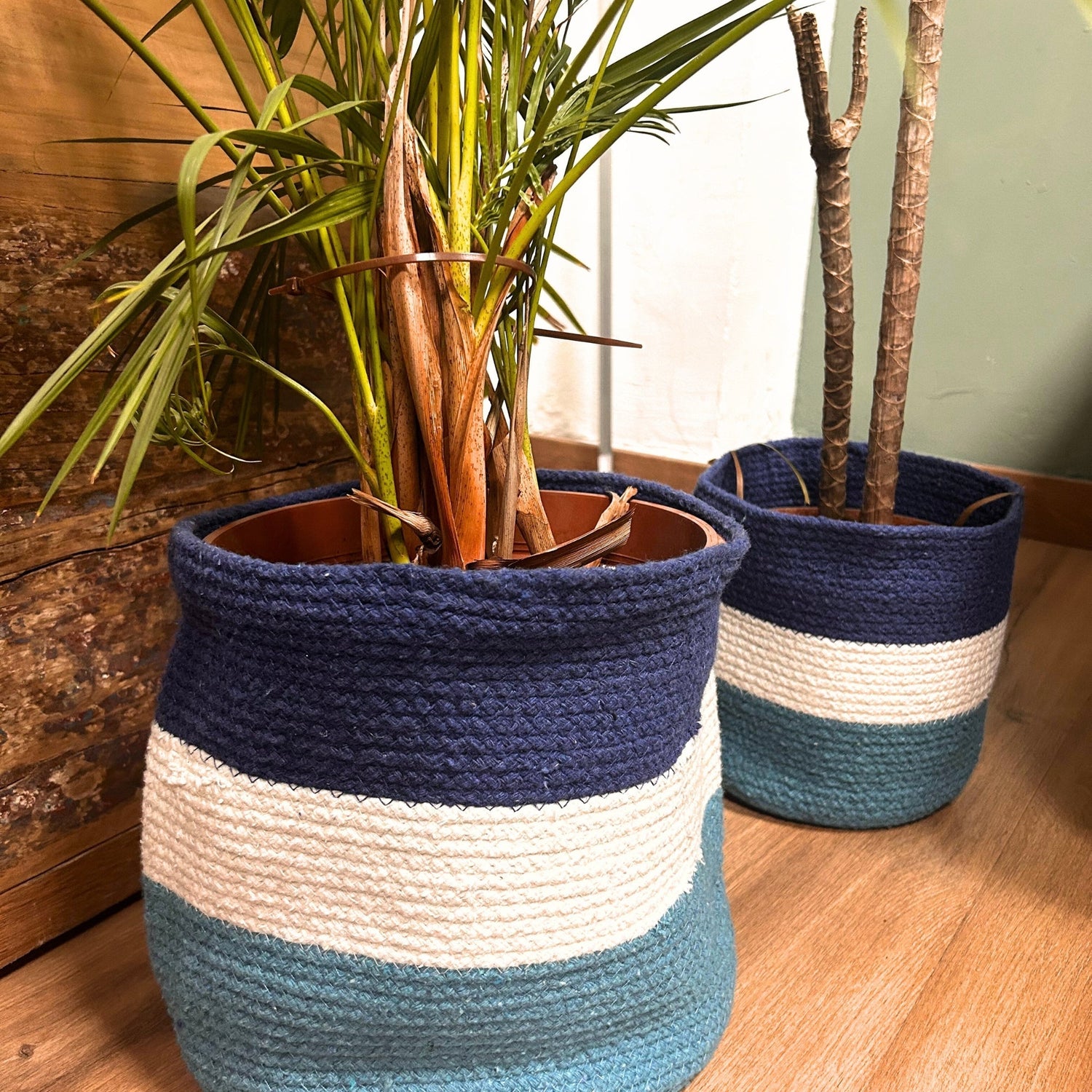 Set of 3 Evil Eye Jute Rope Storage Baskets - Durable, Decorative, and Eco - Friendly Organizers with Blue, White, and Teal Striped Design - SHAMTAM.COM