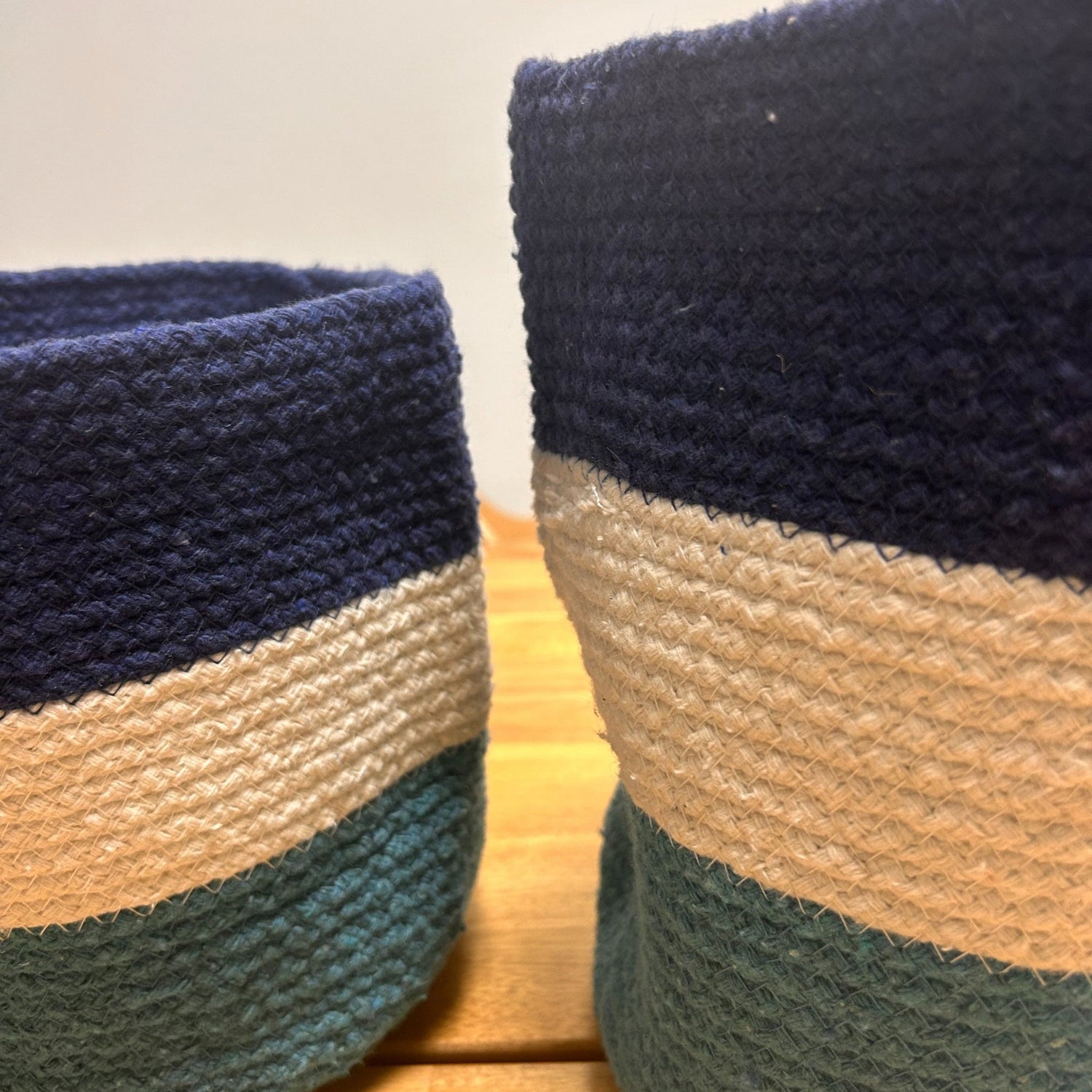 Set of 3 Evil Eye Jute Rope Storage Baskets - Durable, Decorative, and Eco - Friendly Organizers with Blue, White, and Teal Striped Design - SHAMTAM.COM