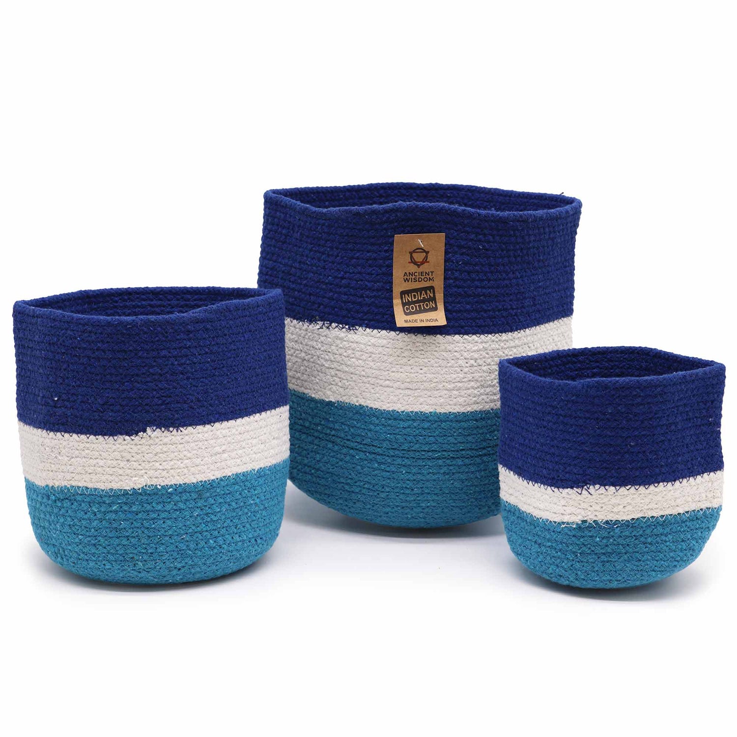 Set of 3 Evil Eye Jute Rope Storage Baskets - Durable, Decorative, and Eco - Friendly Organizers with Blue, White, and Teal Striped Design - SHAMTAM.COM