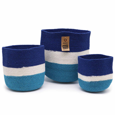 Set of 3 Evil Eye Jute Rope Storage Baskets - Durable, Decorative, and Eco - Friendly Organizers with Blue, White, and Teal Striped Design - SHAMTAM.COM