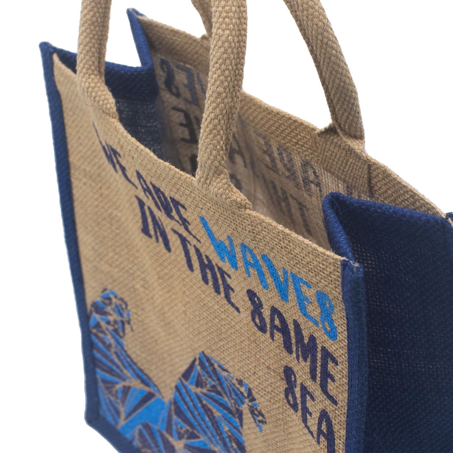 Jute Tote Bag Blue Waves Print - SHAMTAM.COM