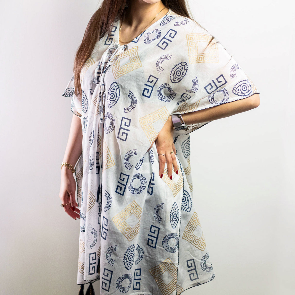 Nomad Sari On the Med Collection - Kaftan - Gold & Blue Greek Motiff - Handpainted - SHAMTAM.COM
