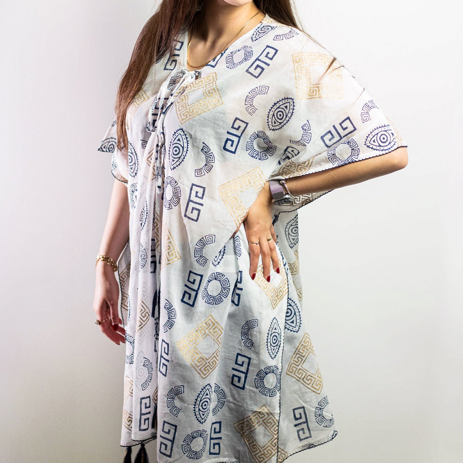 Nomad Sari On the Med Collection - Kaftan - Gold & Blue Greek Motiff - Handpainted - SHAMTAM.COM