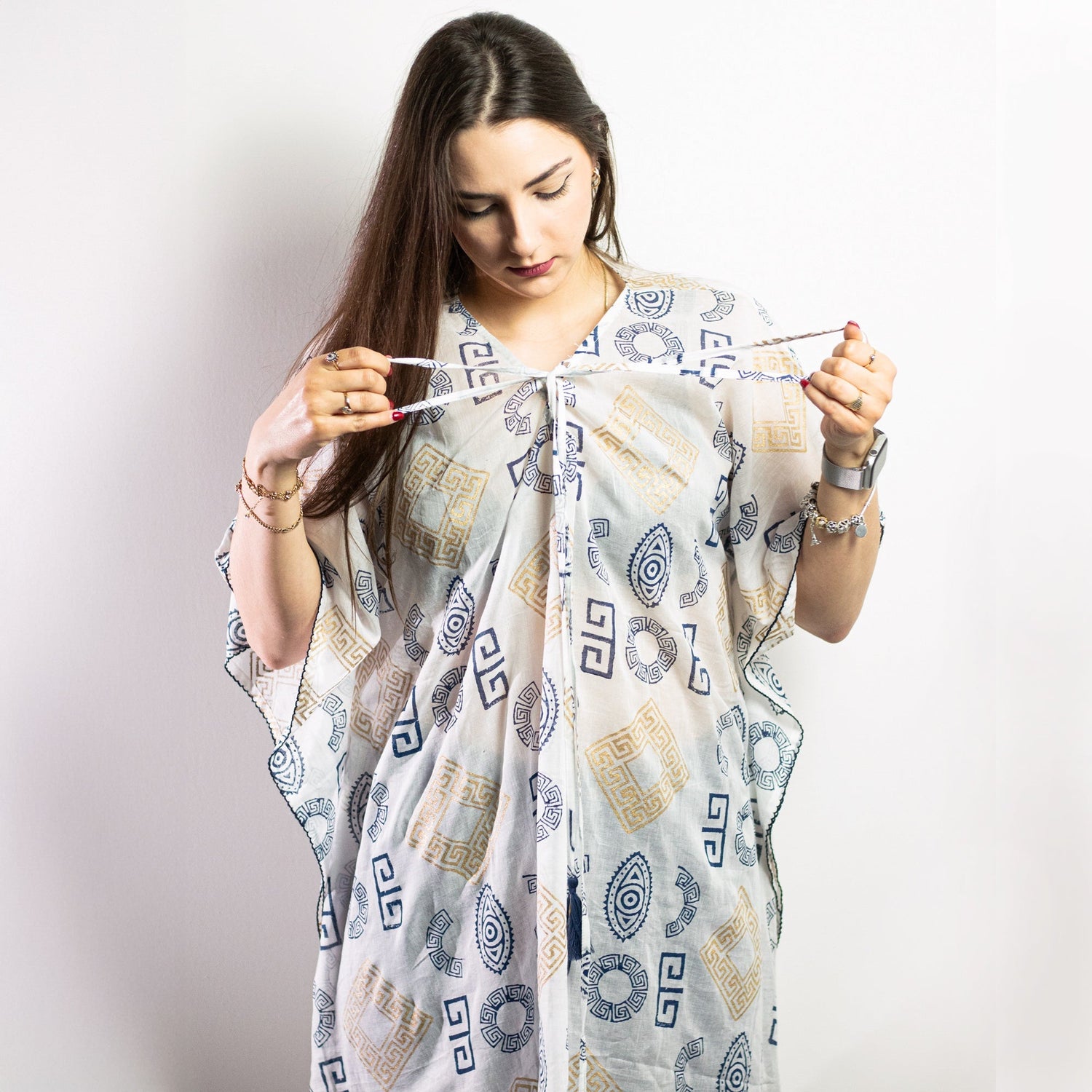 Nomad Sari On the Med Collection - Kaftan - Gold & Blue Greek Motiff - Handpainted - SHAMTAM.COM