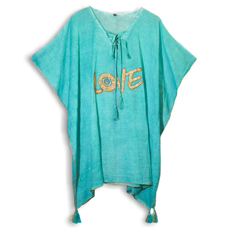 Nomad Sari On the Med Collection - Kaftan - Turquoise & Gold Love Design - SHAMTAM.COM