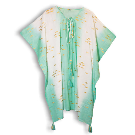 Nomad Sari On the Med Collection - Kaftan - White & Turquoise & Gold Fish Design - SHAMTAM.COM