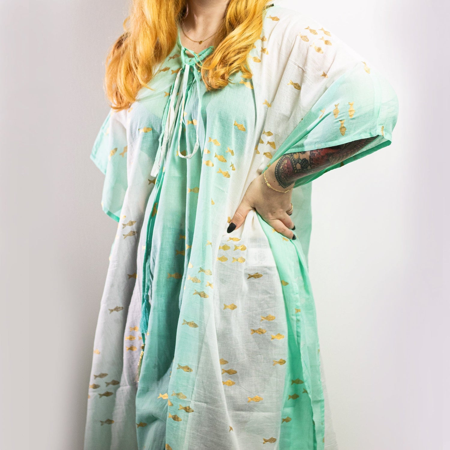Nomad Sari On the Med Collection - Kaftan - White & Turquoise & Gold Fish Design - SHAMTAM.COM