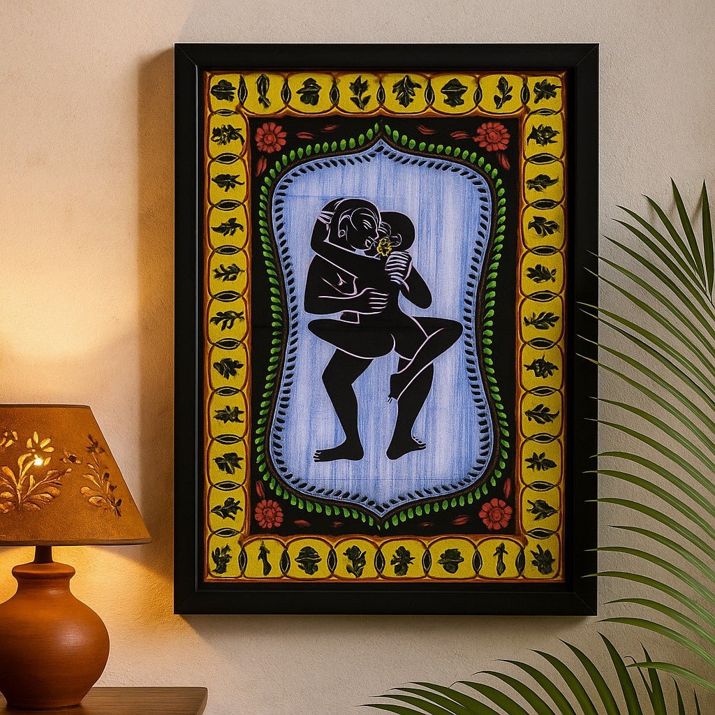 Decorative wall art with a colorful frame and central silhouette on a light background