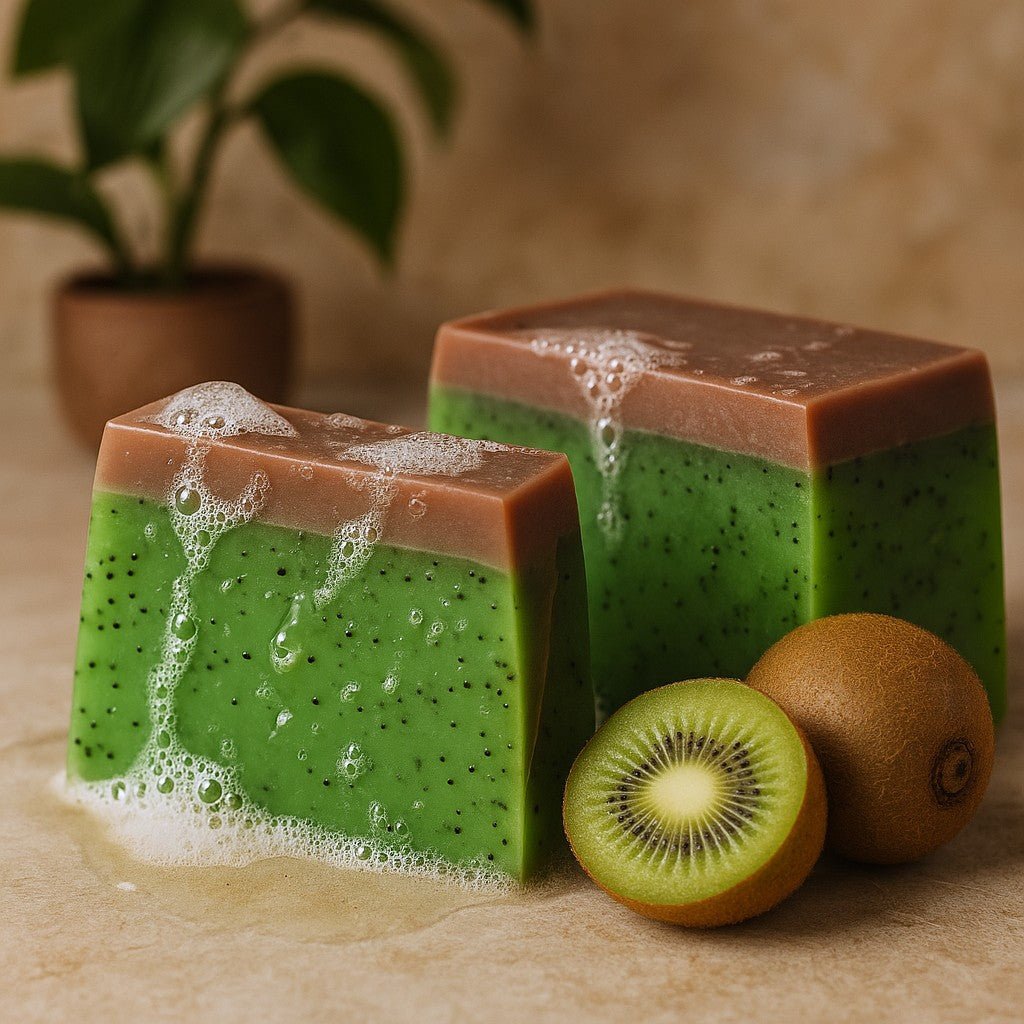 Two bars of soap with a kiwi design, surrounded by kiwi fruits on a neutral background.