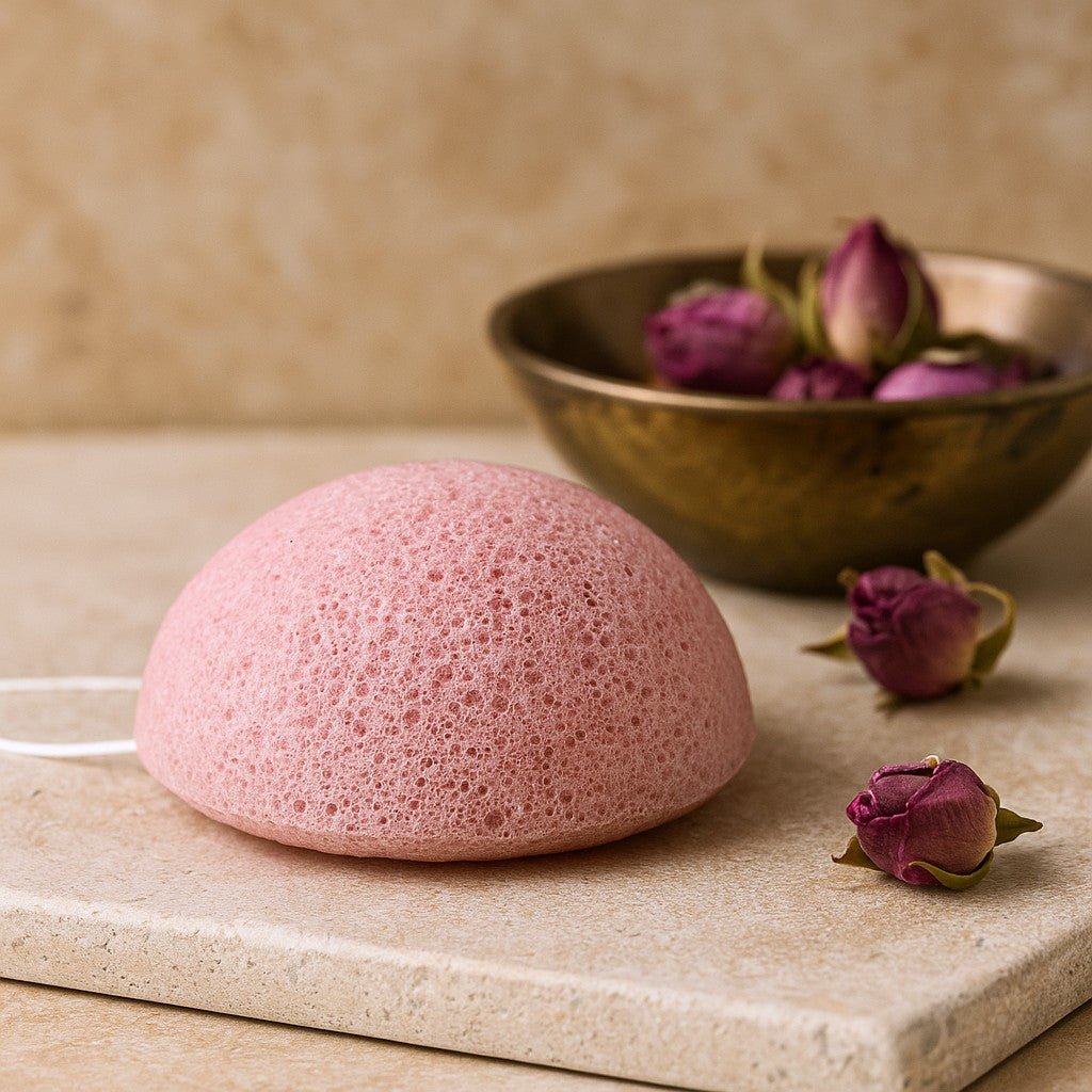 Pink konjac sponge on a beige surface with dried flowers in the background