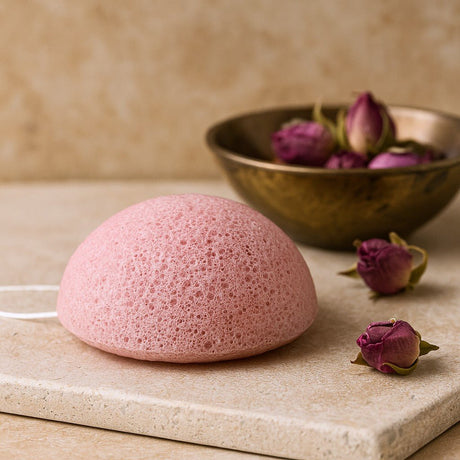 Pink konjac sponge on a beige surface with dried flowers in the background