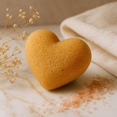 Heart-shaped sponge on a marble surface with dried flowers and pink salt crystals.