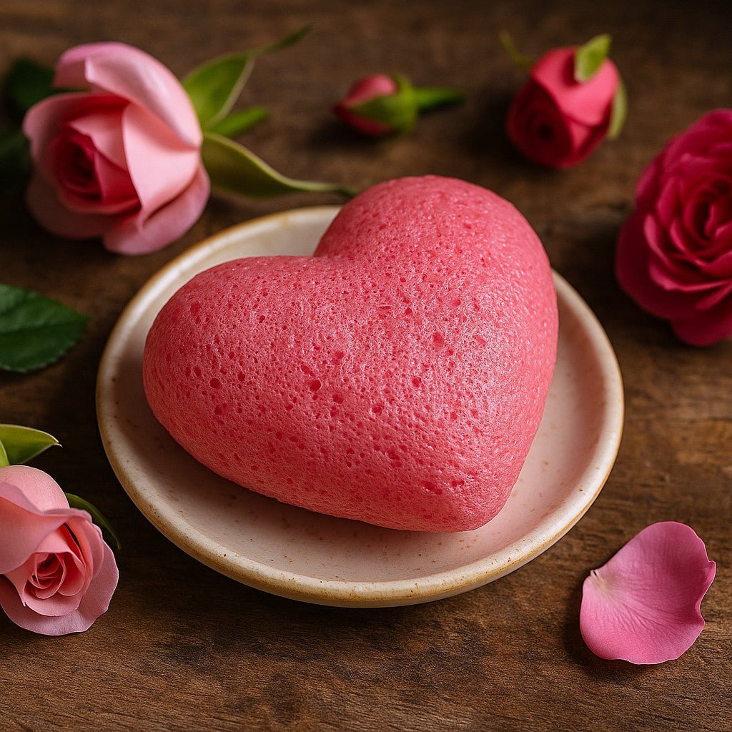 Heart-shaped pink soap on a plate with roses and petals on a wooden surface