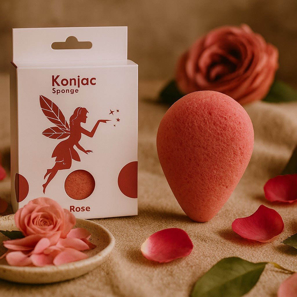 Konjac Sponge with packaging and rose petals on a textured surface