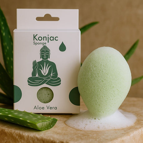 Konjac sponge with packaging and aloe vera leaves on a wooden surface