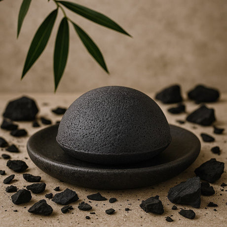 Black konjac sponge on a dark plate with scattered charcoal pieces on a beige background