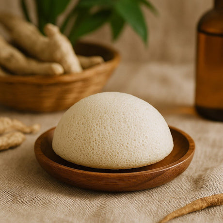 White natural sponge on a wooden plate with ginger roots and a bottle in the background.