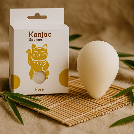 Konjac sponge with packaging on a natural background