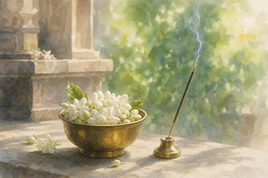 Flores brancas de jasmim numa taça de latão junto a um pau de incenso aceso, com folhagem verde suave ao fundo.