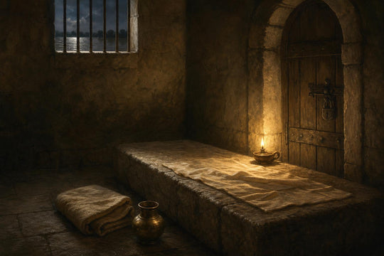 Una cámara de prisión de piedra en penumbra iluminada por una sola lámpara de aceite, con una ventana enrejada que muestra el agua desbordada en el exterior.