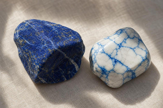 Lápis-lazúli genuíno junto a uma imitação de howlite tingida, sobre linho e sob luz rasante, mostrando a diferença na profundidade da cor e na pirite