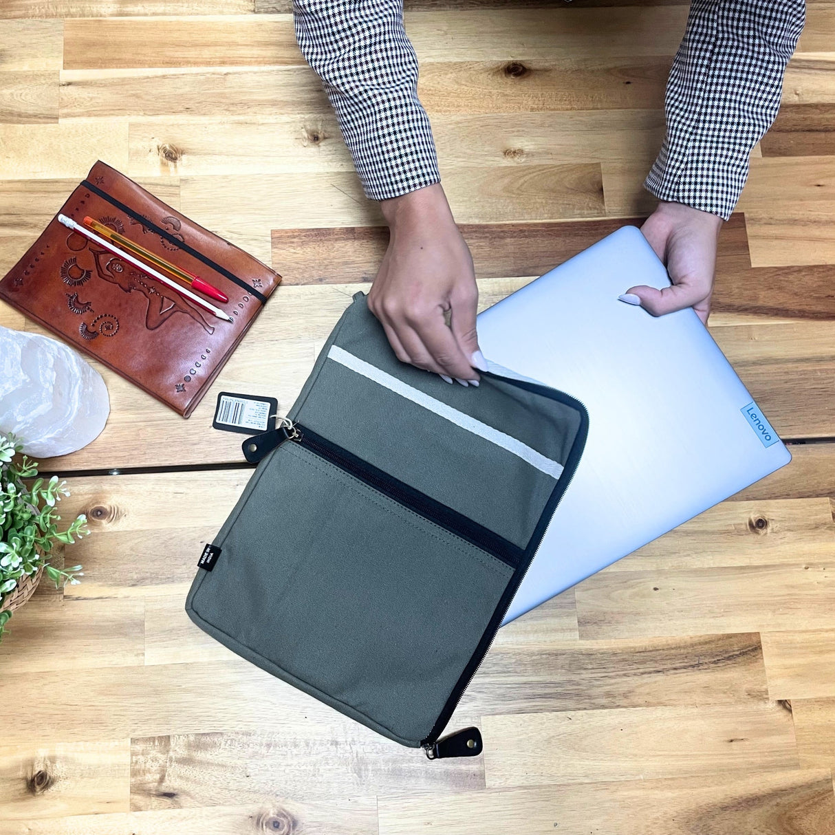 Olive Canvas Travel Laptop Pouch with Quick Access Design and Extra Storage - SHAMTAM.COM