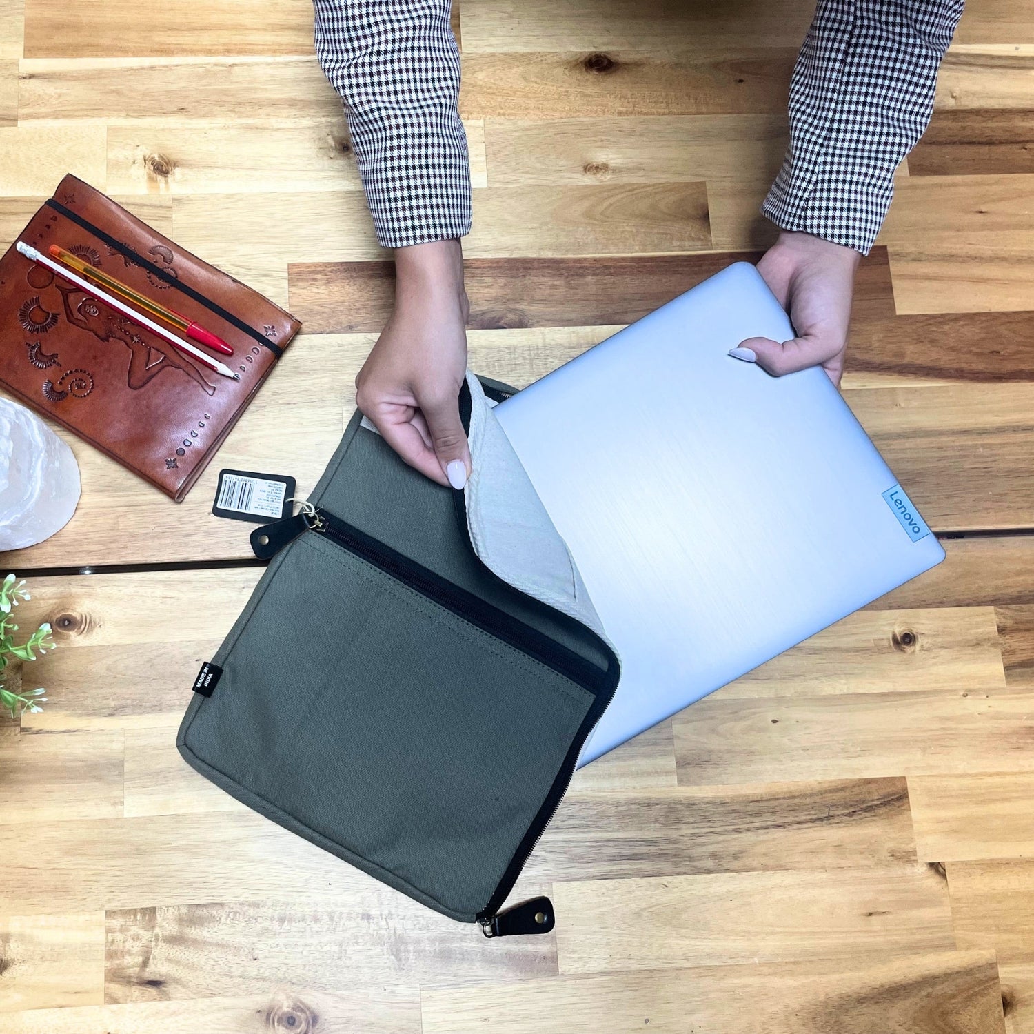 Olive Canvas Travel Laptop Pouch with Quick Access Design and Extra Storage - SHAMTAM.COM
