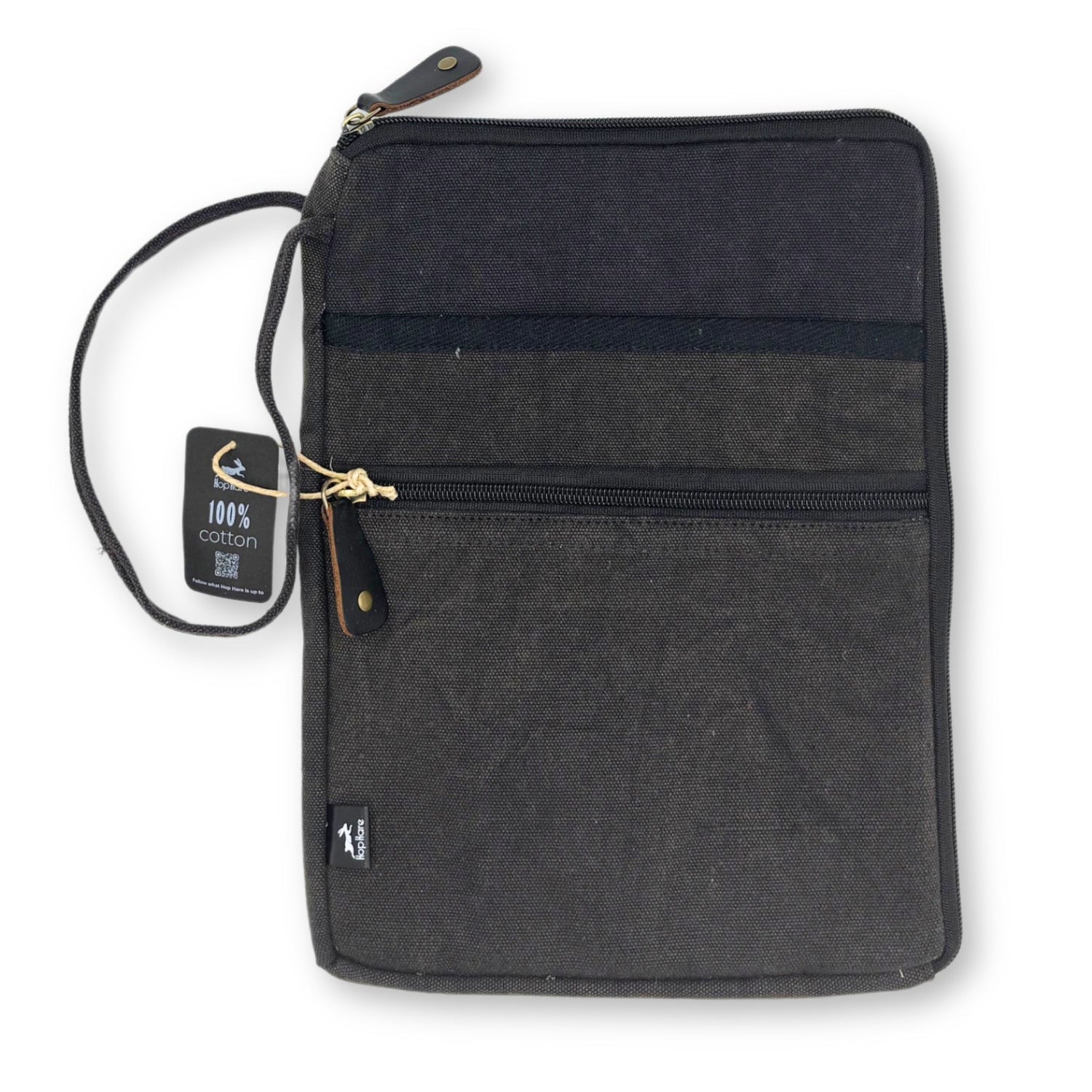 Charcoal Stonewash Travel Laptop Pouch with Quick Access Design and Extra Side Pocket - Slim, Portable, and 100% Cotton Organizer - SHAMTAM.COM