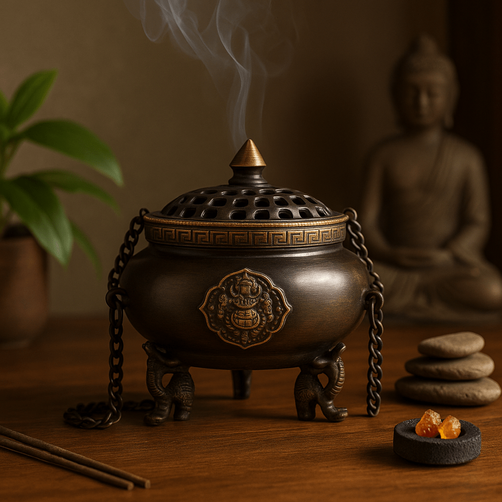 Large Brass Tibetan Hanging Incense Burner - Four Symbols - SHAMTAM.COM