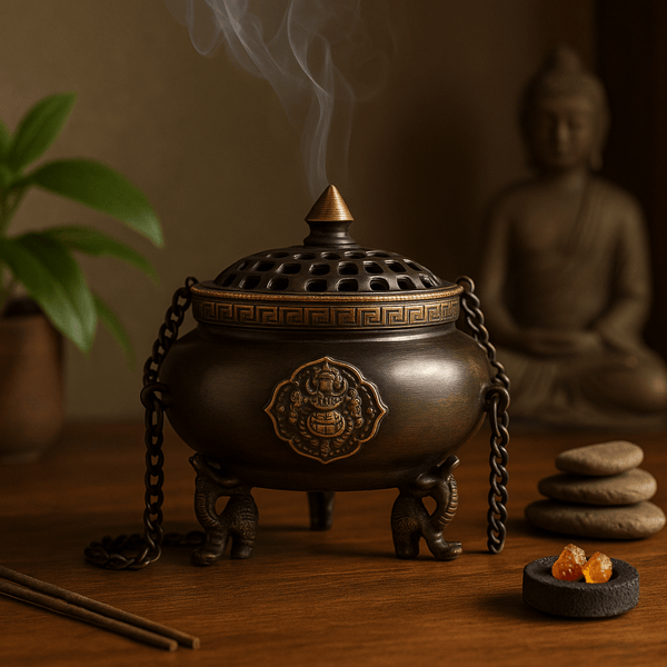 Stor hængende tibetansk røgelsesbrænder i messing, fire symboler