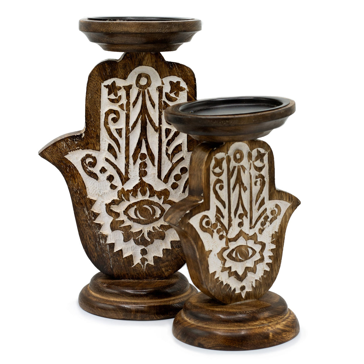 Large Eco - Friendly Mango Wood Candle Stand with Carved Hamsa Hand Design for Protection and Positive Energy - SHAMTAM.COM