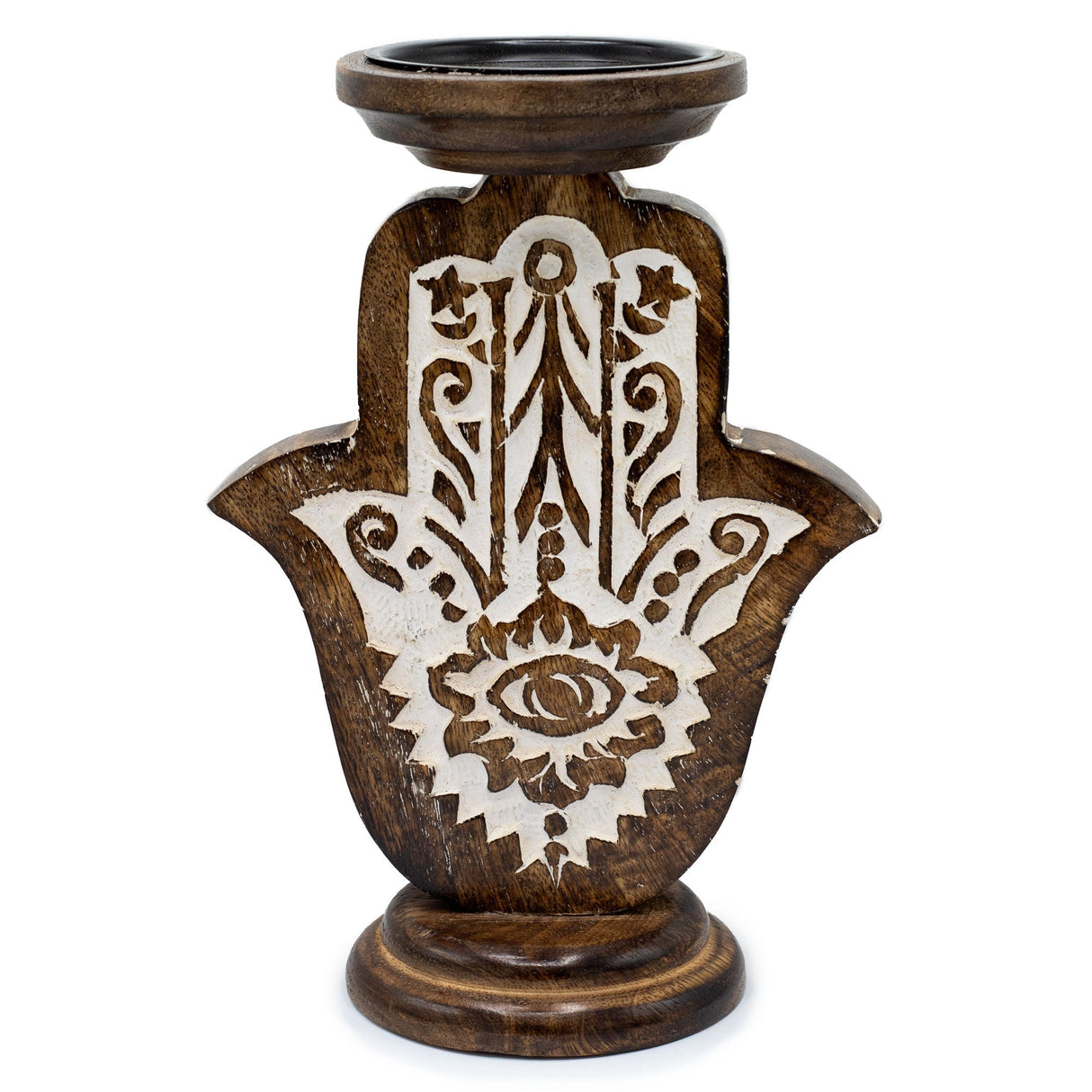 Large Eco - Friendly Mango Wood Candle Stand with Carved Hamsa Hand Design for Protection and Positive Energy - SHAMTAM.COM