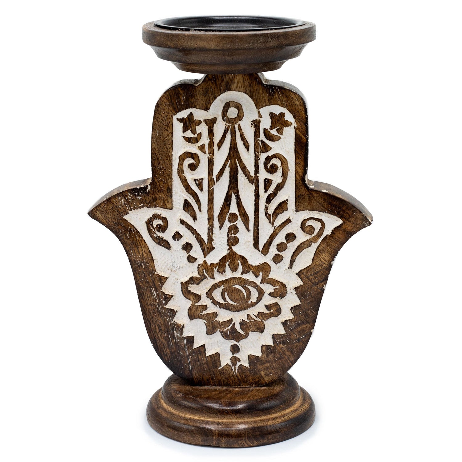 Large Eco - Friendly Mango Wood Candle Stand with Carved Hamsa Hand Design for Protection and Positive Energy - SHAMTAM.COM