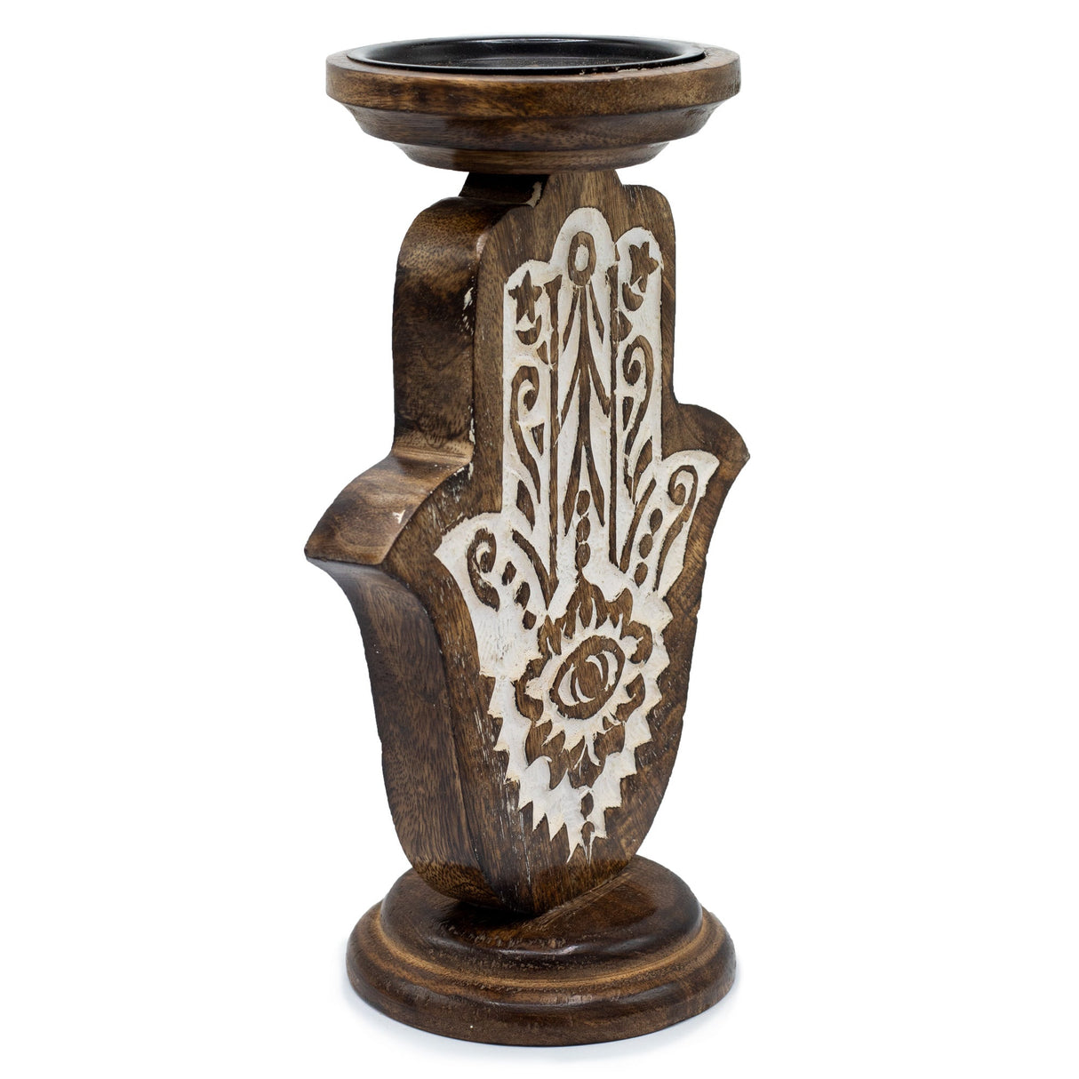 Large Eco - Friendly Mango Wood Candle Stand with Carved Hamsa Hand Design for Protection and Positive Energy - SHAMTAM.COM