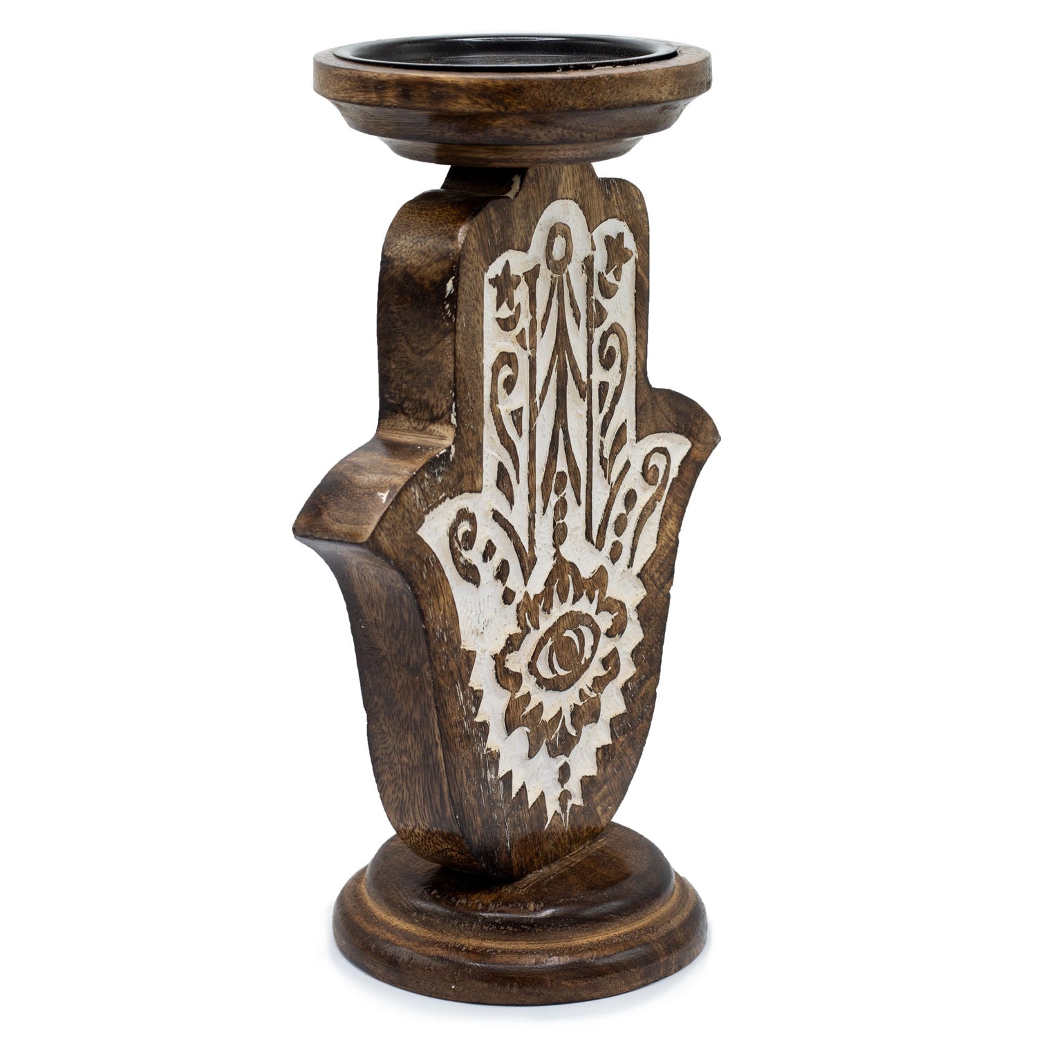 Large Eco - Friendly Mango Wood Candle Stand with Carved Hamsa Hand Design for Protection and Positive Energy - SHAMTAM.COM