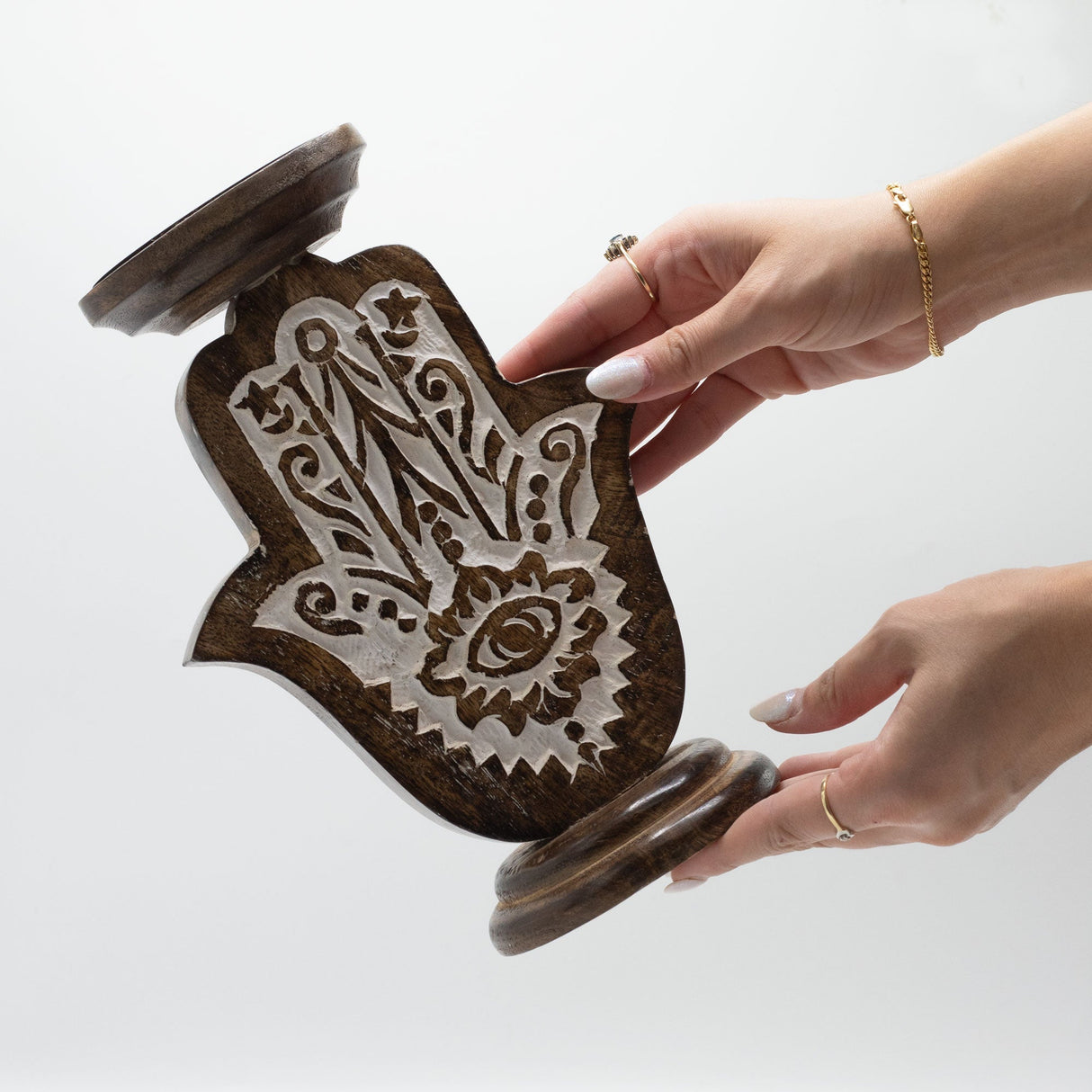 Large Eco - Friendly Mango Wood Candle Stand with Carved Hamsa Hand Design for Protection and Positive Energy - SHAMTAM.COM