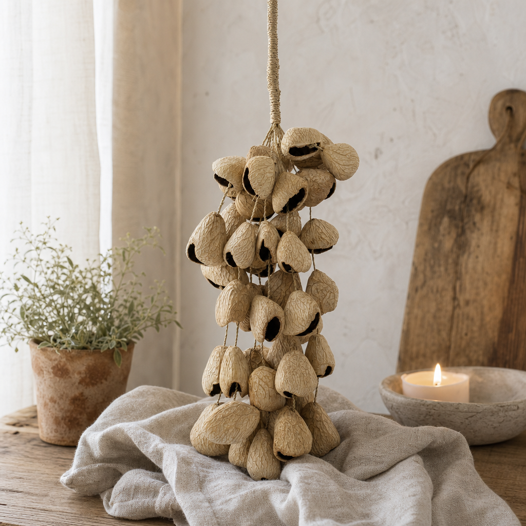 Large Pangi Seed Shell - Natural Nut Shaker (50 Shells) — styled in a warm, naturally lit interior