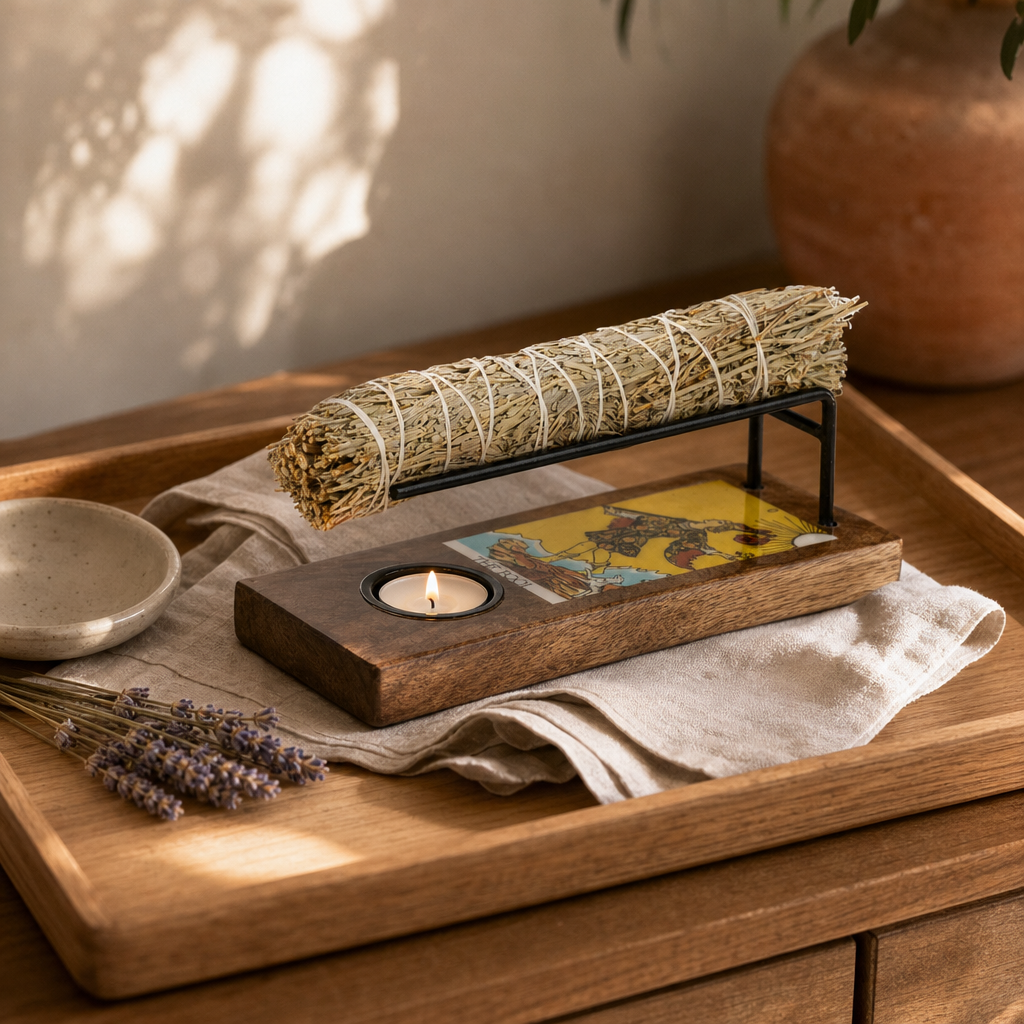 Large Sage Stick Heater Enamelled - The Fool — styled in a warm, naturally lit interior
