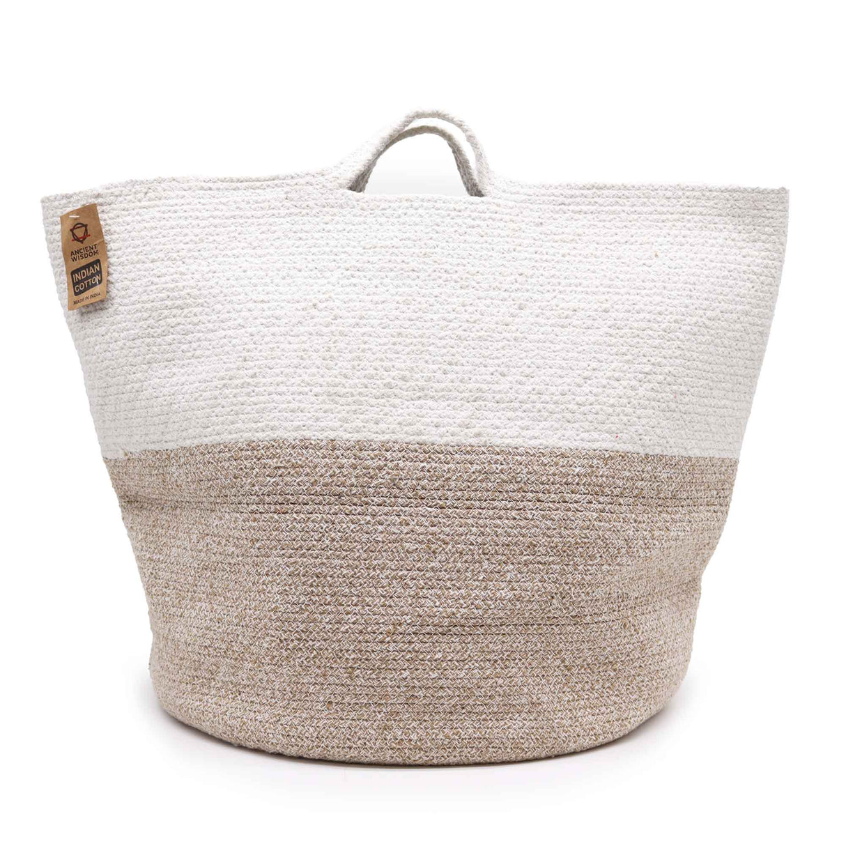 Two - Toned Cotton Rope Laundry & Storage Basket 45x40cm - Beige & White with Handle - SHAMTAM.COM