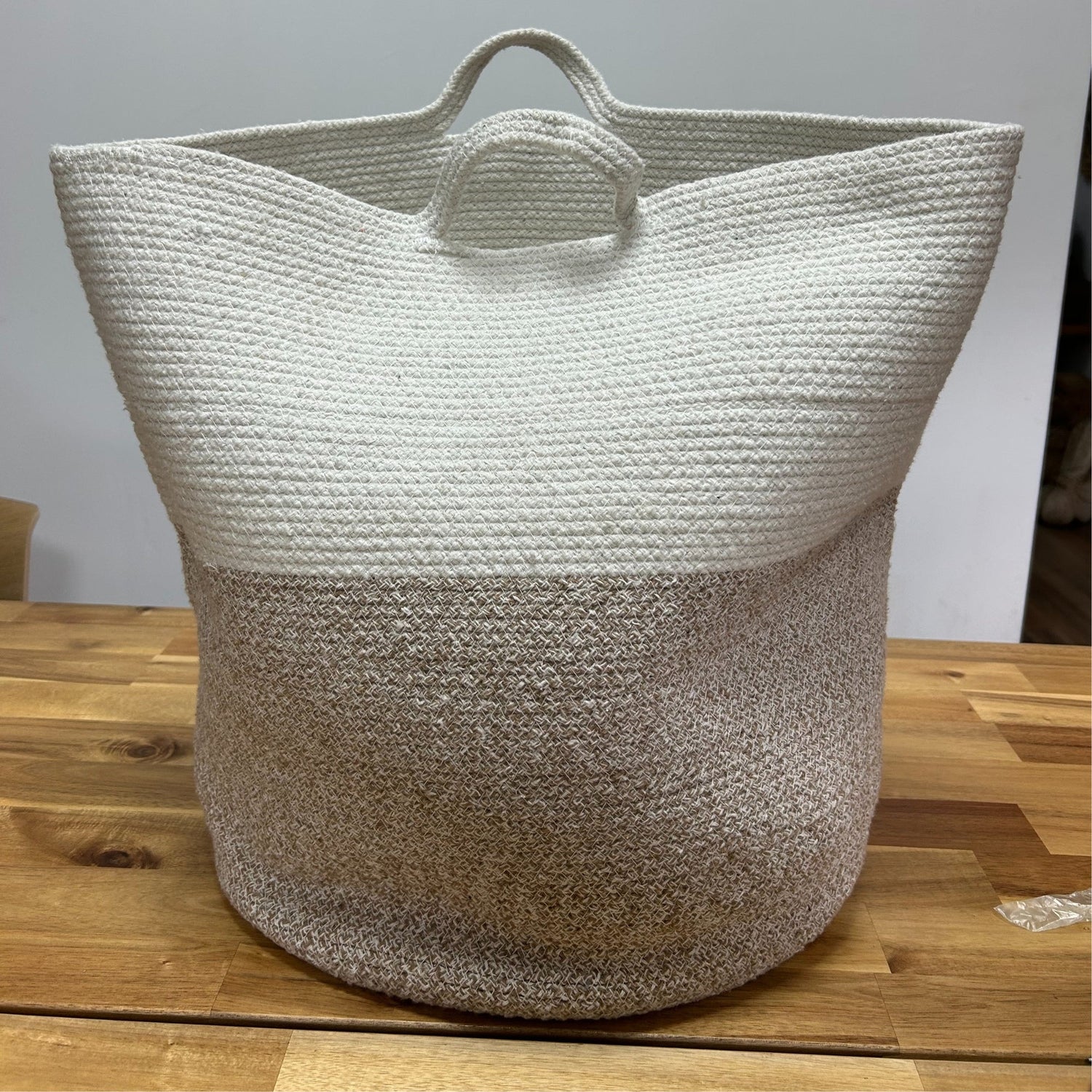 Two - Toned Cotton Rope Laundry & Storage Basket 45x40cm - Beige & White with Handle - SHAMTAM.COM