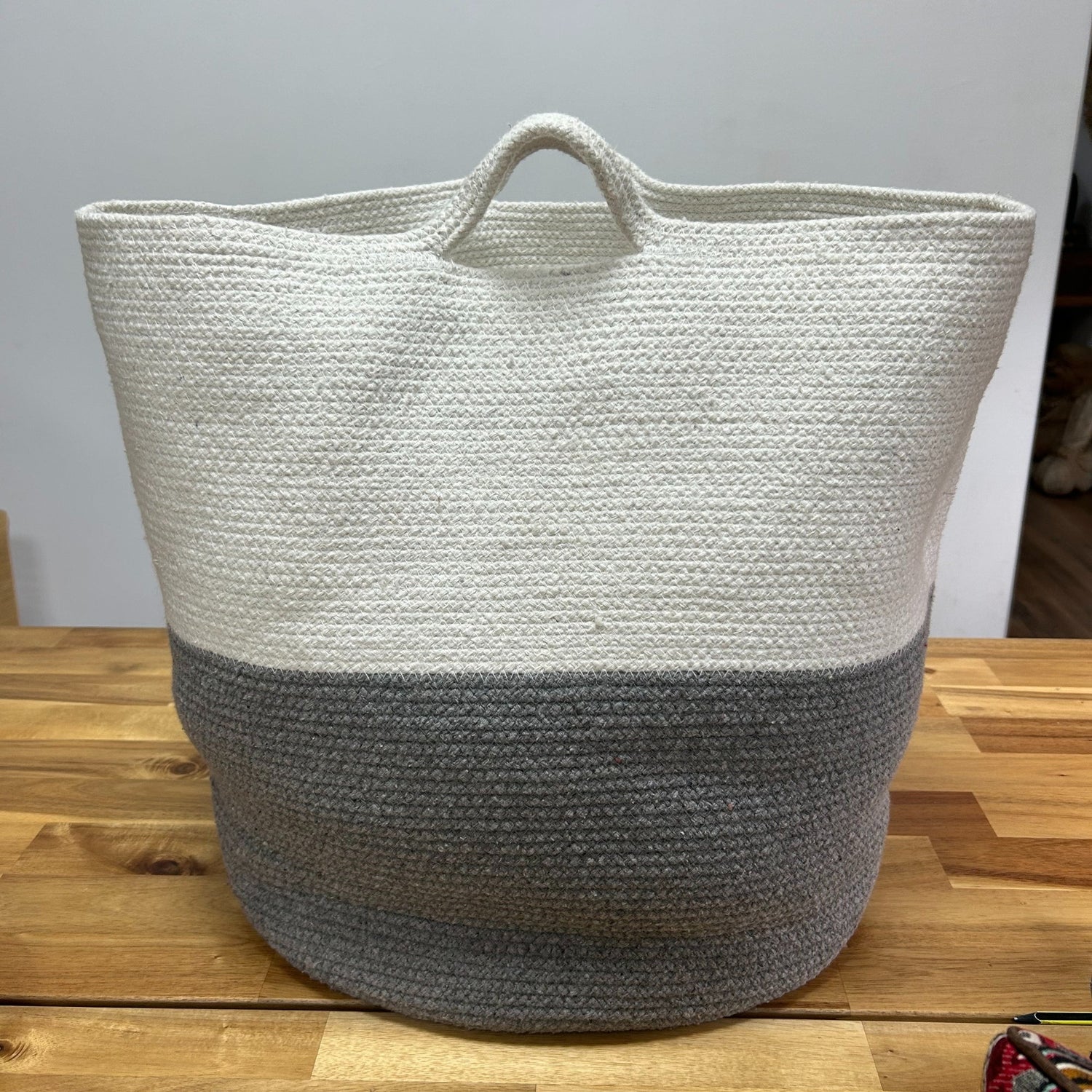 Two - Tone Cotton Rope Laundry & Storage Basket 45x40cm - Stylish Grey & Cream with Handle - SHAMTAM.COM