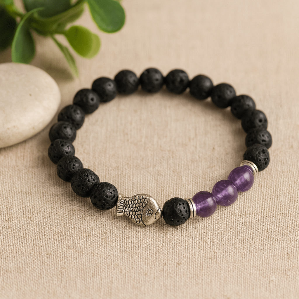 Lava Stone Bracelet with Amethyst Fish - SHAMTAM.COM