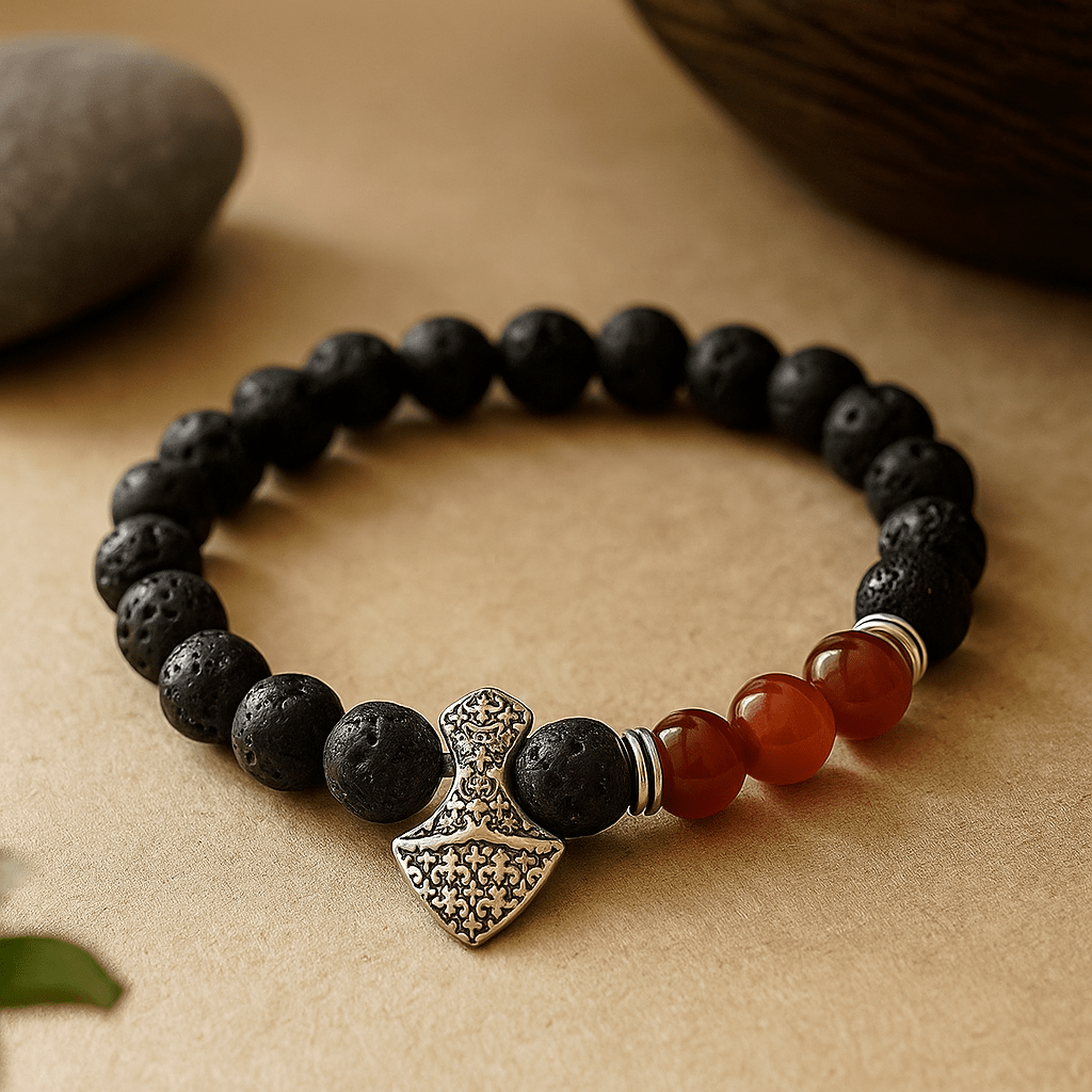 Lava Stone Bracelet With Carnelian Axe Head - SHAMTAM.COM