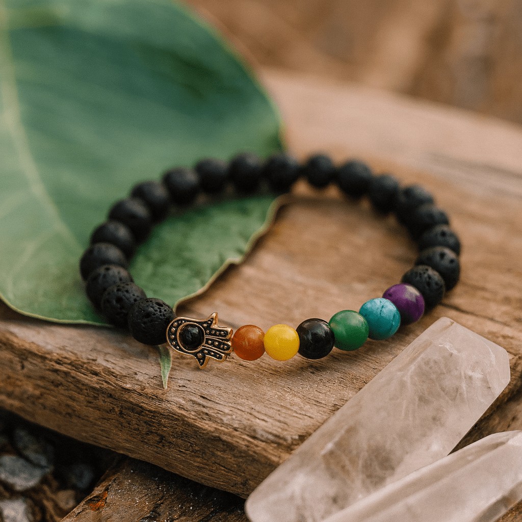Lava Stone Chakra Bracelet Hamsa Charm - SHAMTAM.COM