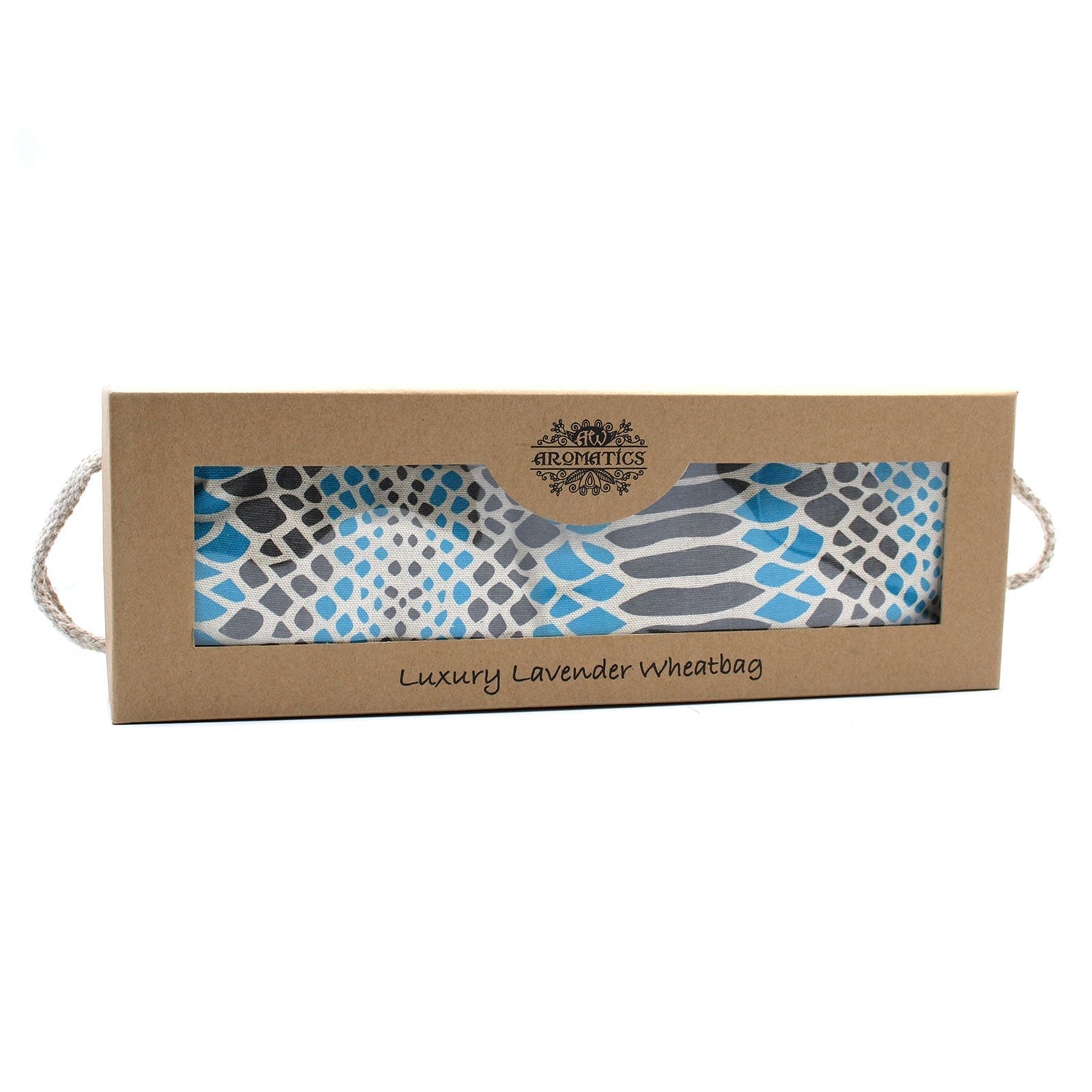 Luxury Lavender Wheat Bag in blue patterned fabric gift box with rope handles