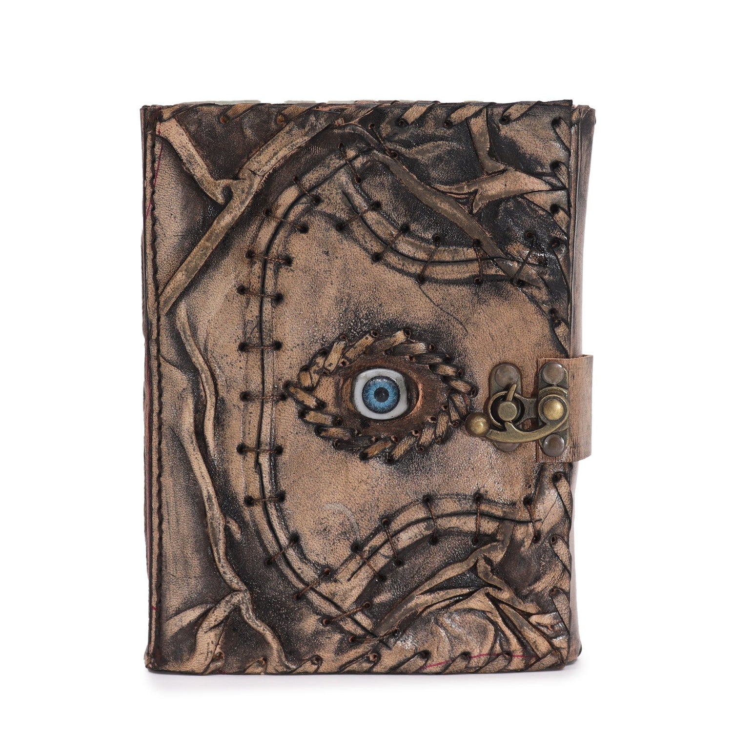Vintage - Inspired Evil Eye Journal with Textured Leather Cover and Metal Clasp - 160 Deckle Edge Pages, 17x12.5cm - SHAMTAM.COM
