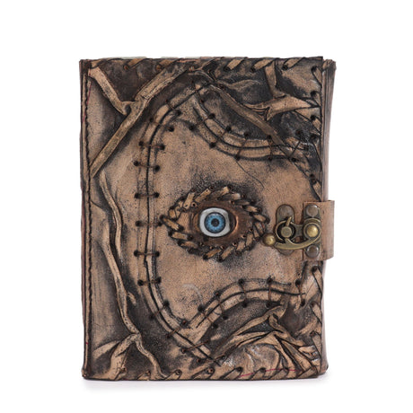 Vintage - Inspired Evil Eye Journal with Textured Leather Cover and Metal Clasp - 160 Deckle Edge Pages, 17x12.5cm - SHAMTAM.COM