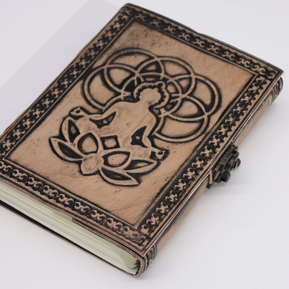 Antique Grey Leather Journal with Embossed Buddha Design - 200 Pages, Stitch Edge, 17.5x12.5x3cm, Rustic Handcrafted Notebook with Metal Clasp Closure - SHAMTAM.COM